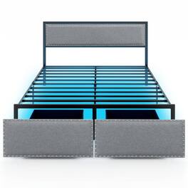 Gymax - Queen Size Bed Frame w/ 2 Storage Drawers LED Lights Slats Support Modern - Gray