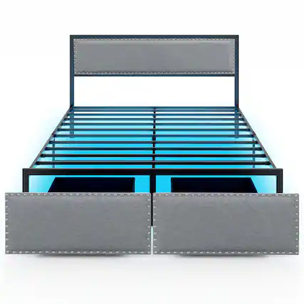 Front. Gymax - Gymax Queen Size Bed Frame w/ 2 Storage Drawers LED Lights Slats Support Modern - Gray.