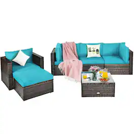 Kadyn - 6 Pcs Patio Rattan Furniture Set with Sectional Cushion-Turquoise, Patio Seating Conversation - Blue