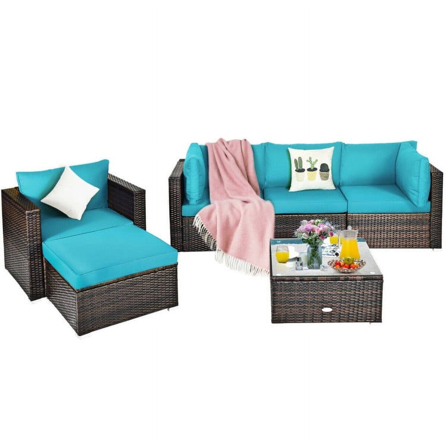 Front. Kadyn - 6 Pcs Patio Rattan Furniture Set with Sectional Cushion-Turquoise, Patio Seating Conversation - Blue.