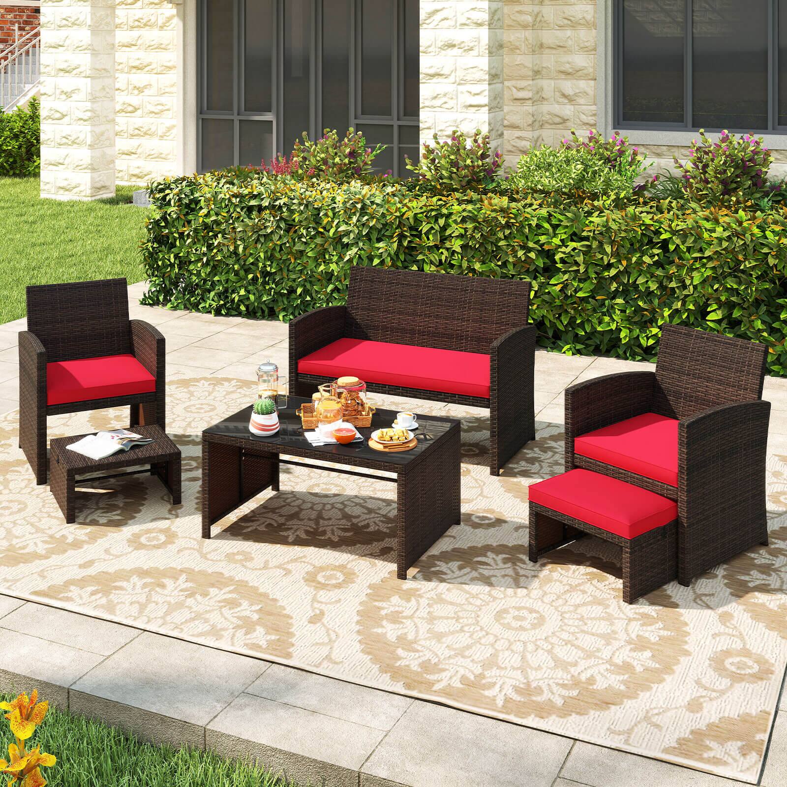 Alt View 3. Gymax - Gymax 6 PCS Patio Furniture Set w/ 1 Loveseat 1 Coffee Table 2 Armchairs 2 Ottomans Red - Mix Brown, Red.