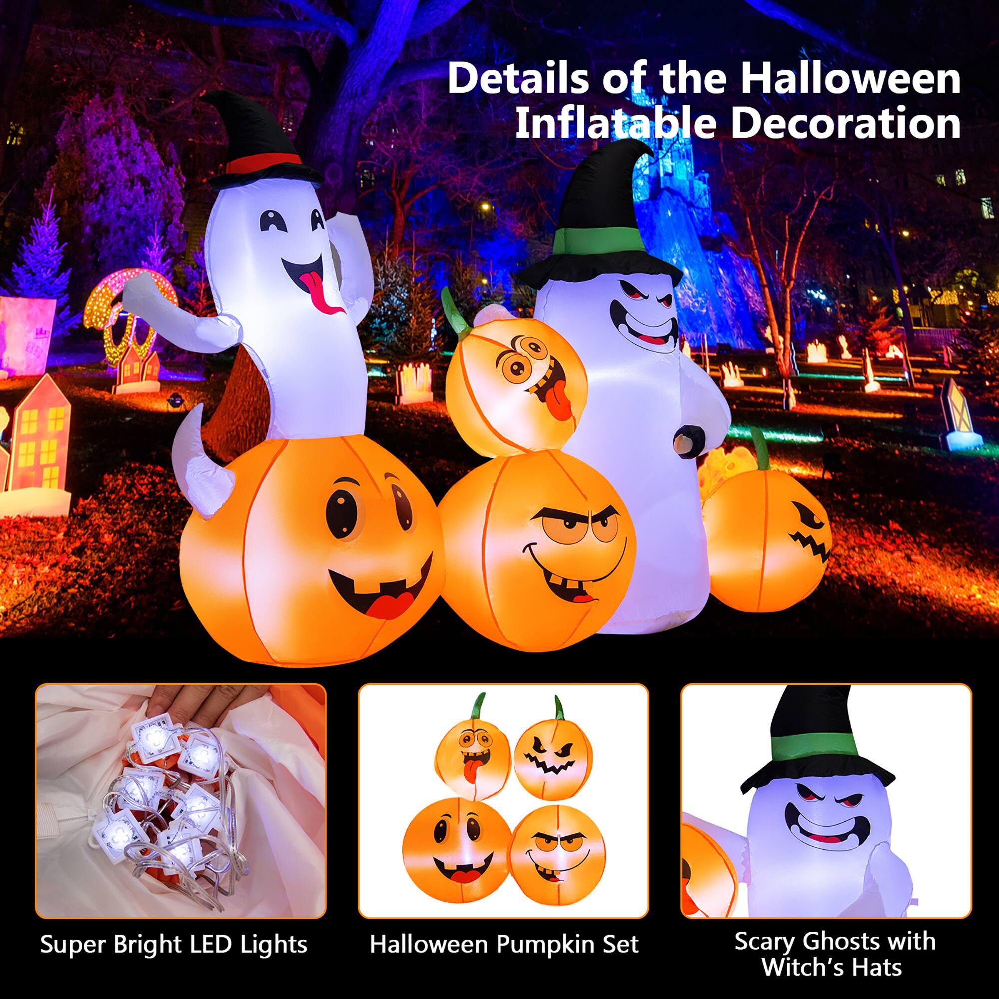 Details of the Halloween Inflatable Decoration:
- Super Bright LED Lights
- Halloween Pumpkin Set
- Scary Ghosts with Witch's Hats