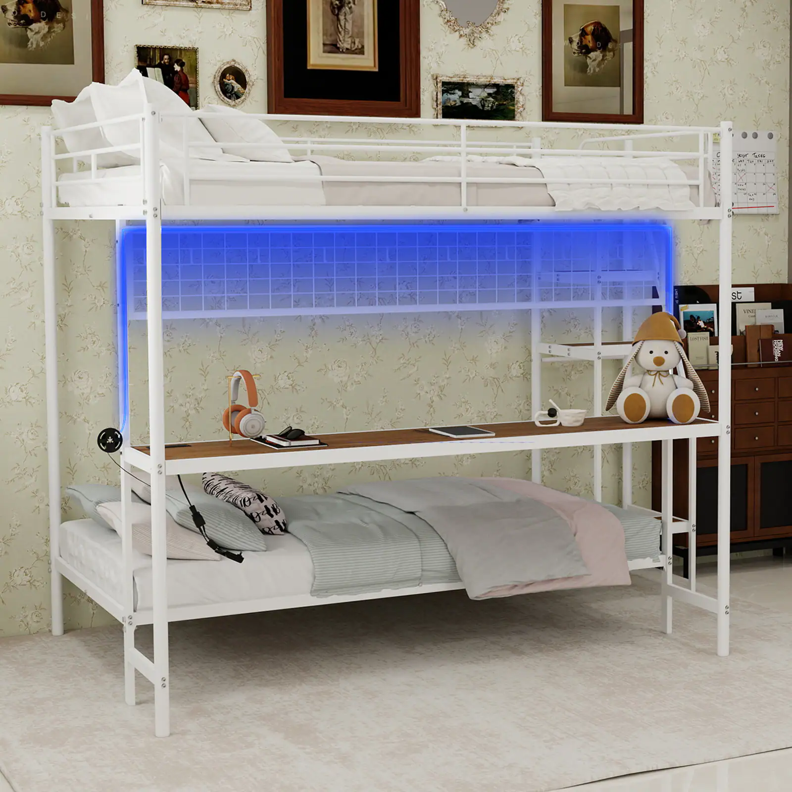 Angle. Loheer - Loheer White Metal Bunk Bed with Desk Full Over Twin Space Saving Loft Bed with LED Lights for Teens - Ancient White.