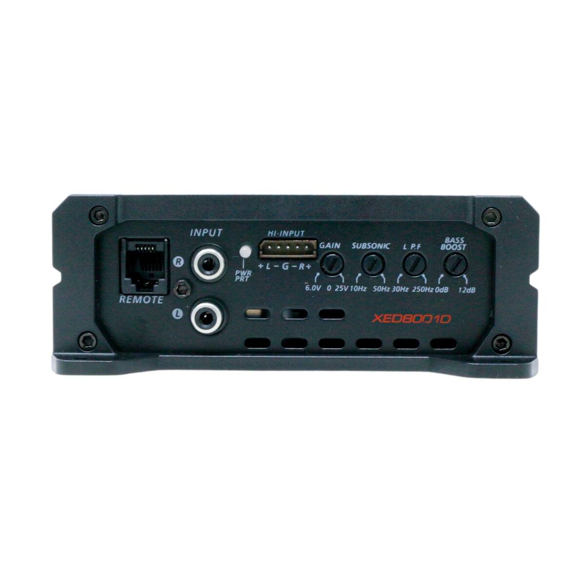 INPUT  
HI-INPUT  
GAIN  
SUBSONIC  
L.P.F  
BASS BOOST  
REMOTE  

+L-G-R+  
PWR PRT  

6.0V  
0 25V  
10Hz 50Hz 30Hz 250Hz  
0dB 12dB  

XED8001D