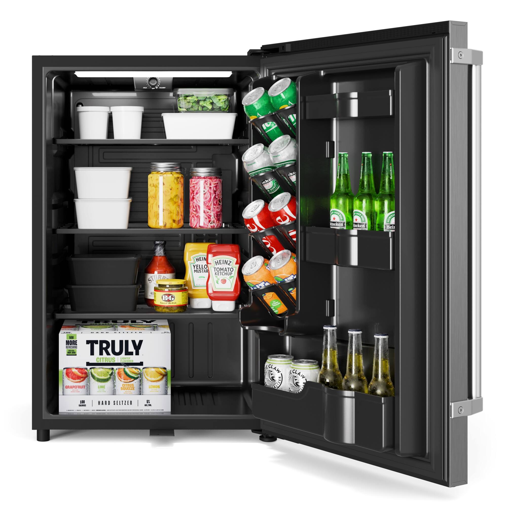 The image shows a refrigerator with its door open, revealing a variety of food and drinks inside. There are several bottles of beer, including a six-pack of Heineken, and a few bottles of soda. Additionally, there are multiple bowls and cups placed throughout the refrigerator, as well as a few apples and oranges. The refrigerator is stocked with a diverse selection of items, making it a well-equipped kitchen appliance.