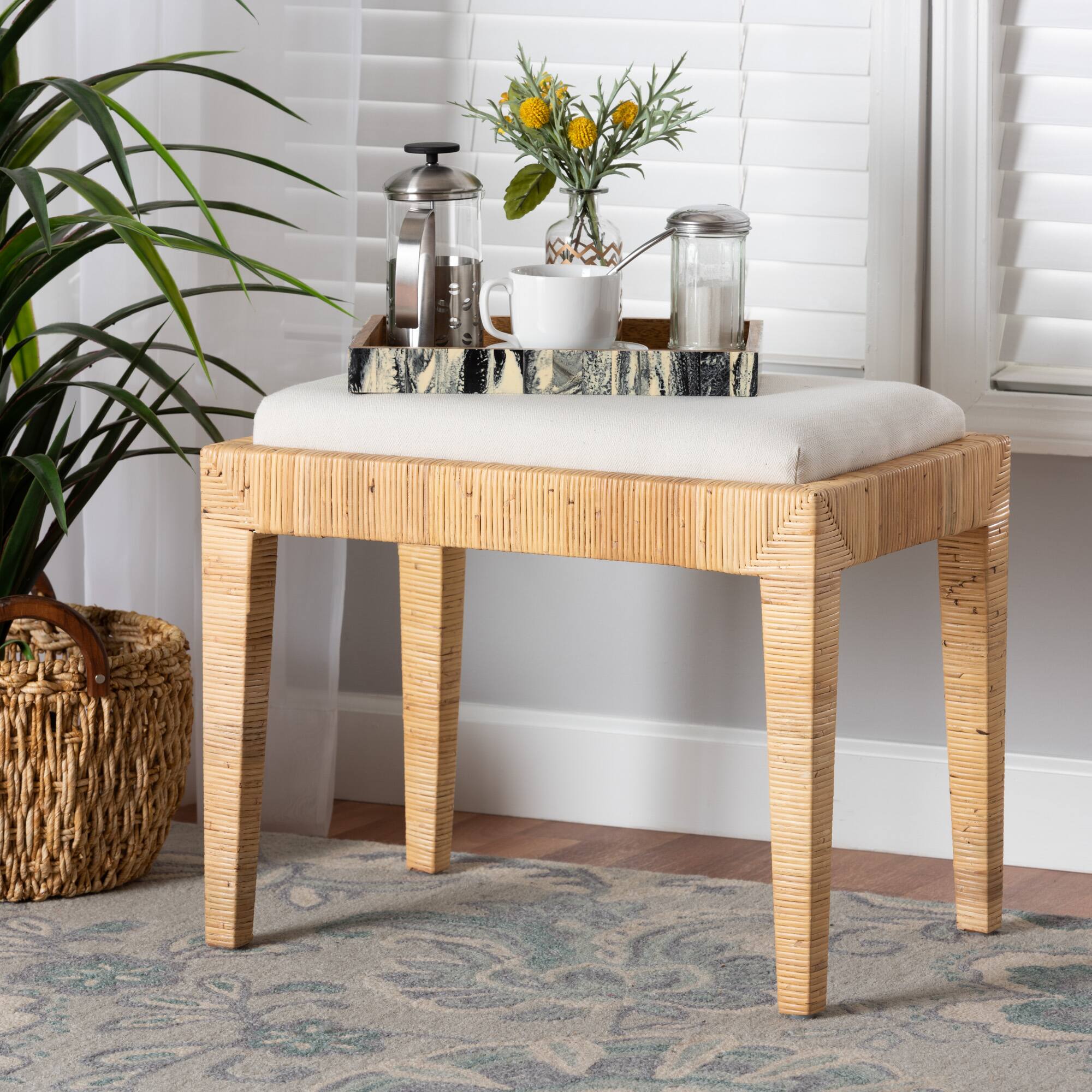 Alt View 2. bali & pari - Sofia Modern Bohemian Natural Brown Rattan and Mahogany Wood Ottoman - White/Natural Brown.