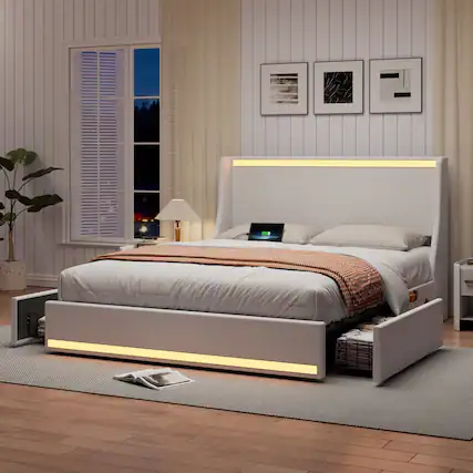 Front. Vecelo - Queen Size LED Bed Frame with Headboard, Charging Ports, Storage Drawers, No Box Spring Needed, App & Remote Control - White.