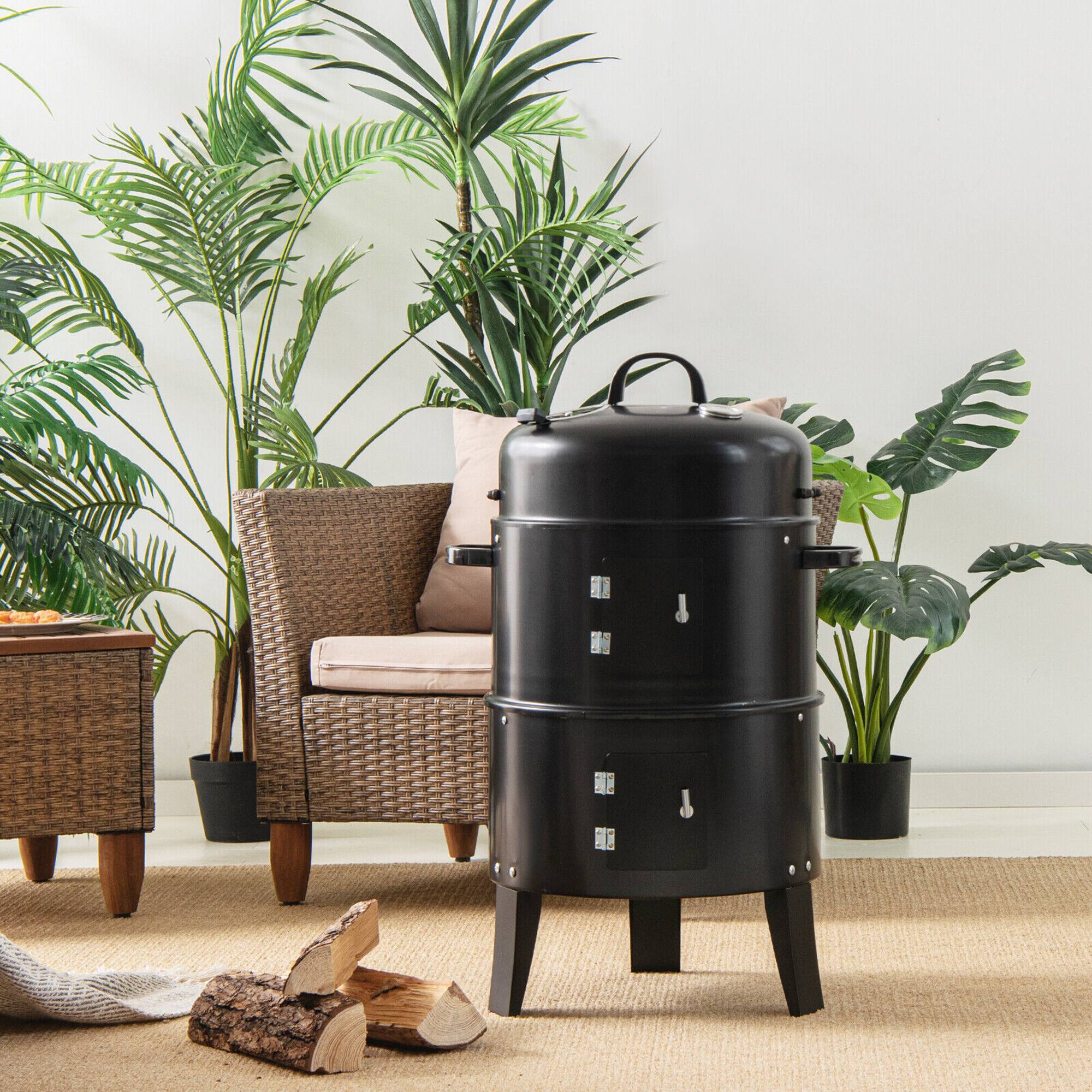 Alt View 2. Gymax - 3 in 1 Vertical Charcoal BBQ Smoker Grill Separable w/ Built-in Thermometer - Black.