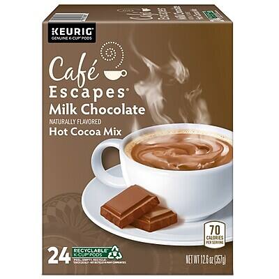 KEURIG  
GENUINE K-CUP PODS  

Café Escapes  
Milk Chocolate  
NATURALLY FLAVORED  
Hot Cocoa Mix  

24 K-CUP PODS  
RECYCLABLE  

70 CALORIES PER SERVING  

NET WT 12.6 OZ (357g)
