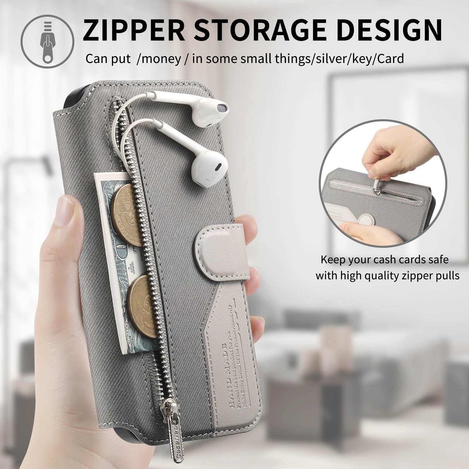 ZIPPER STORAGE DESIGN  
Can put /money / in some small things/silver/key/Card  
Keep your cash cards safe with high quality zipper pulls