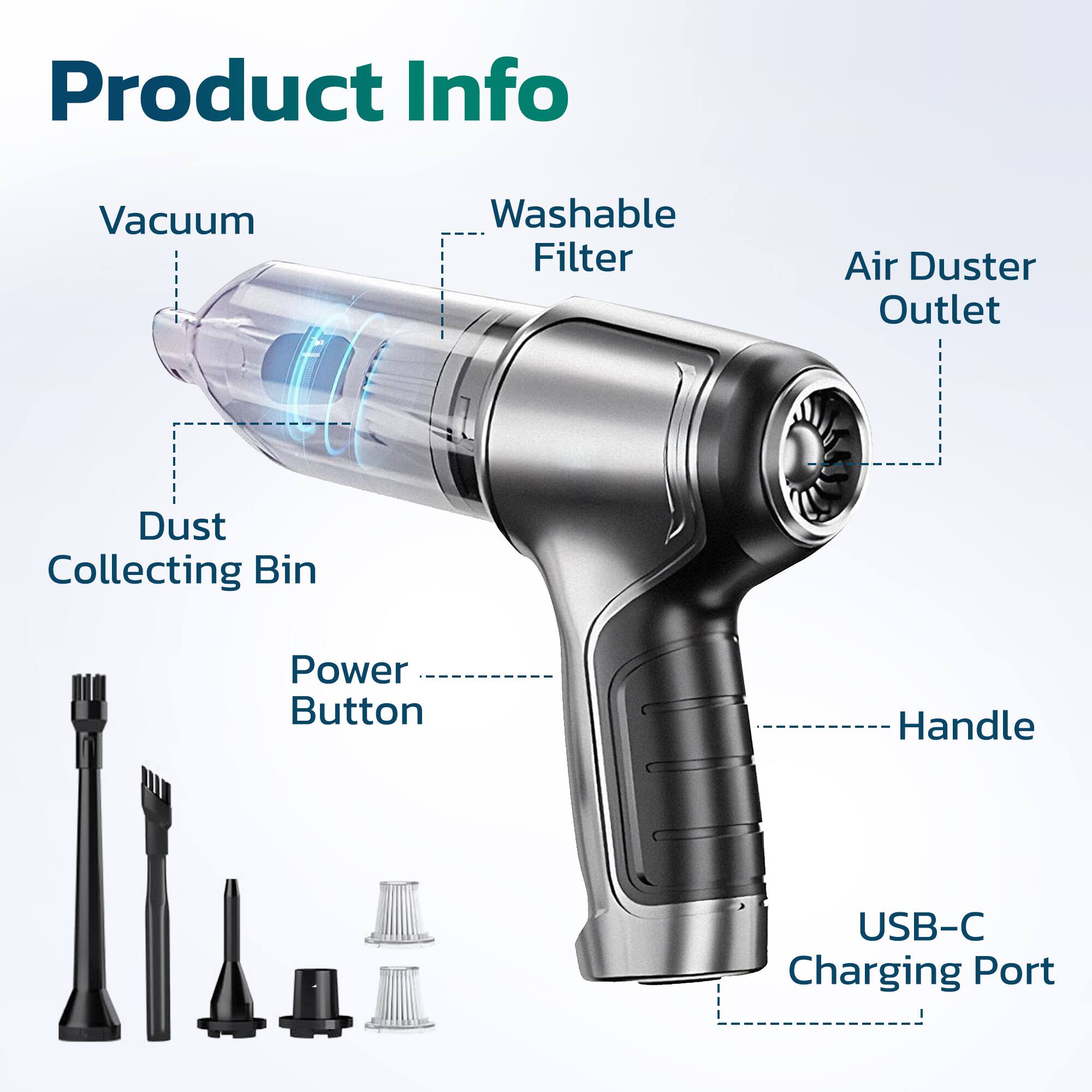 Product Info
Vacuum
Washable Filter
Air Duster Outlet
Dust Collecting Bin
Power Button
Handle
USB-C Charging Port