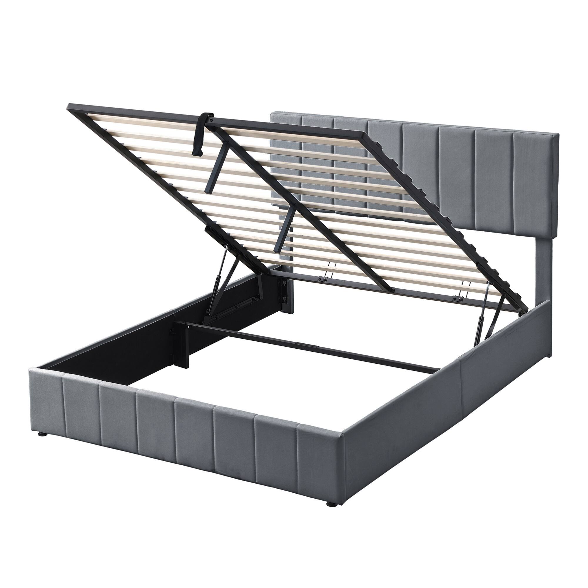 Alt View 2. GOODSILO - Queen Size Upholstered Platform Bed with Hydraulic Storage System - Gray.