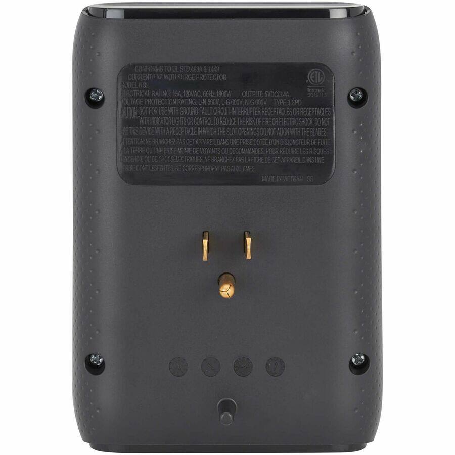 CONFORMS TO UL STD. 498A & 1449 CURRENT FAP WTH SURGE PROTECTOR ETL MODEL NO. ELECTRICAL RATING: 15A, 120VAC 60Hz 1800W OUTPUT: 5VDC/3.4A 5019113 VOLTAGE PROTECTION RATING: L-N 500V, L-G 600V, N-G 600V TYPE 3 SPD NOT FOR USE WITH GROUND-FAULT CIRCUIT INTERRUPTER RECEPTACLES OR RECEPTACLES WITH INDICATOR LIGHTS OR CONTROL TO REDUCE THE RISK OF FIRE OR ELECTRIC SHOCK. DO NOT USE THE DEVICE WITH A RECEPTACLE IN WHICH THE SLOT OPENINGS DO NOT ALIGN WITH THE BLADES. ATTENTION: NE BRANCHEZ PAS CET APPAREIL DANS UNE PRISE DOTÉE D'UN DISJONCTEUR DE FUITE À TERRE OU D'UNE PRISE DE VOYANTS OU DE COMMANDES POUR RÉDUIRE LES RISQUES D'INCENDIE OU DE CHOC