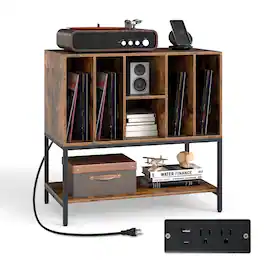 Gymax - Record Player Stand w/Charging Station Vinyl Storage Holder Shelves Metal Frame Rustic Black - Brown
