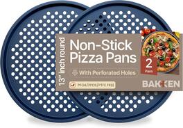 Bakken- Swiss - Bakken Pizza Pan – Perforated Carbon Steel, Non-Stick Marble Coating, Silicone Handle, 2 Pack, Easy Cleanup - Blue
