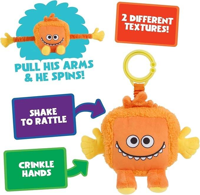 2 DIFFERENT TEXTURES!  
PULL HIS ARMS & HE SPINS!  
SHAKE TO RATTLE  
CRINKLE HANDS