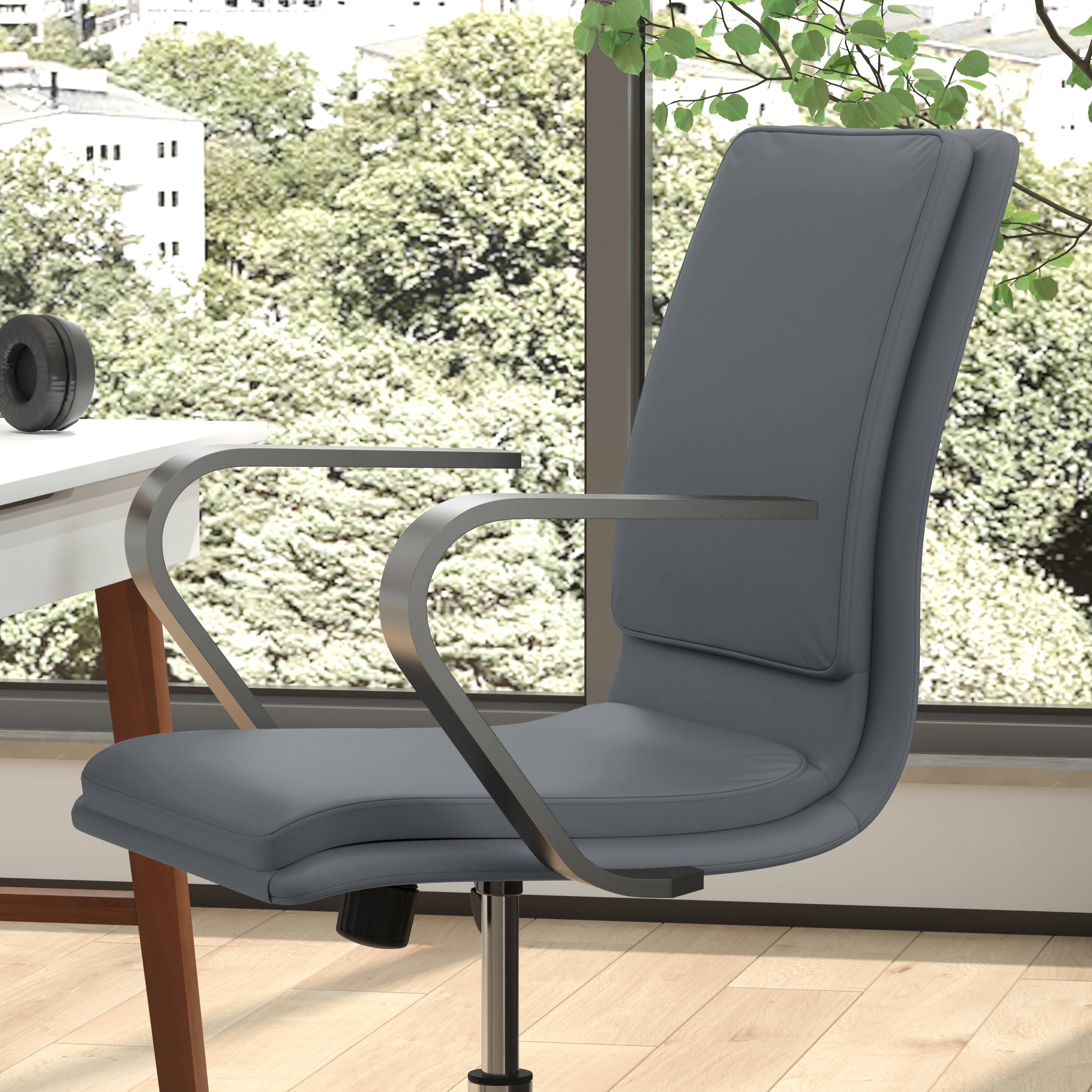 Alt View 4. Emma + Oliver - Ziva Modern Upholstered Mid-Back Home Office Chair with Arms and 5 Star Base - Gray LeatherSoft/Chrome Frame.