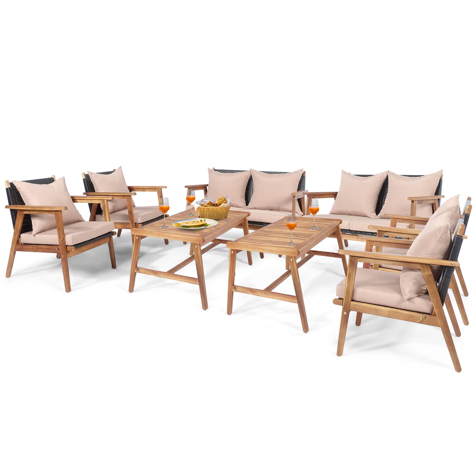 Alt View 1. Gymax - Gymax 8PCS Outdoor Furniture Set Patio Conversation Set  w/ Wood Frame Cushion - Beige.