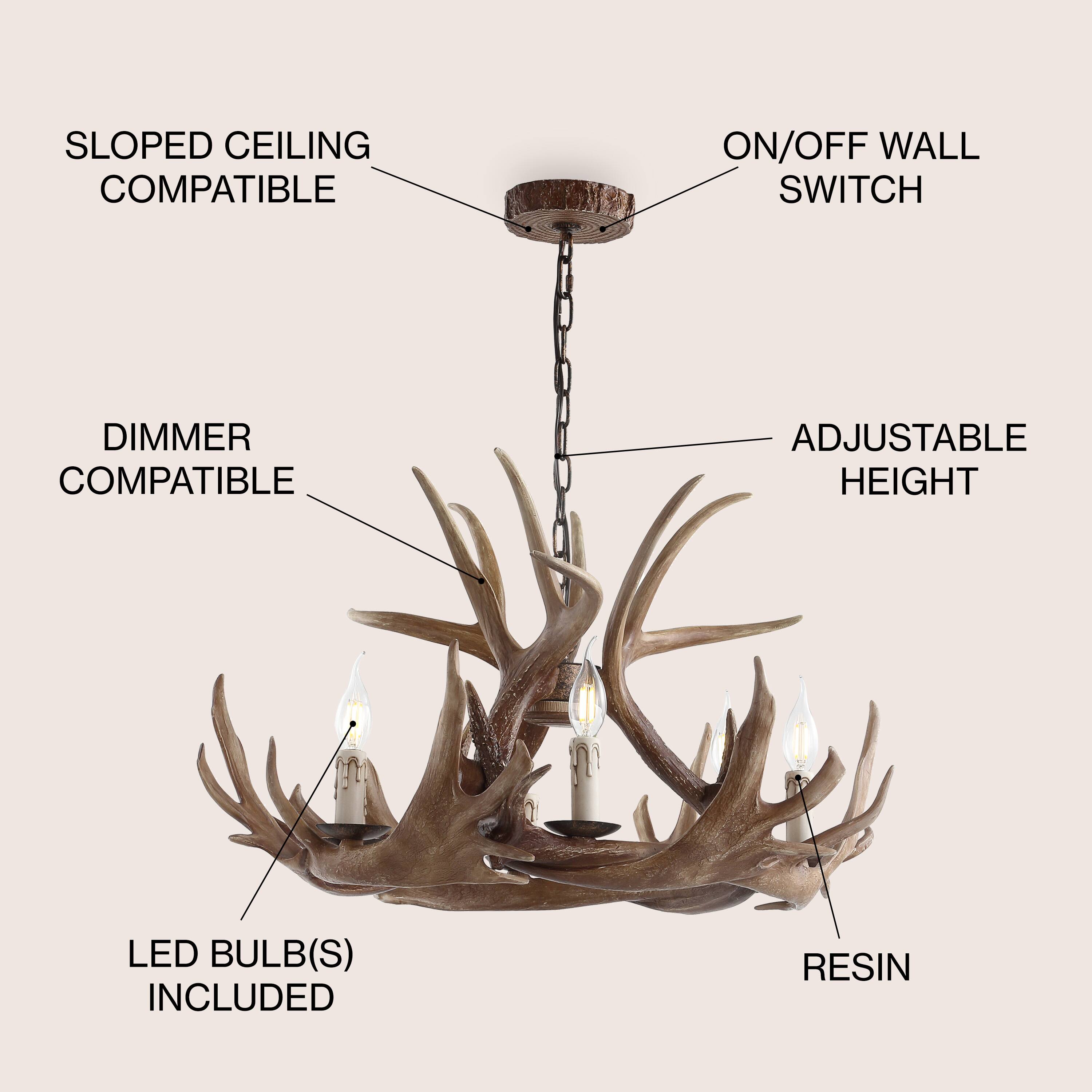 SLOPED CEILING COMPATIBLE  
ON/OFF WALL SWITCH  
DIMMER COMPATIBLE  
ADJUSTABLE HEIGHT  
LED BULB(S) INCLUDED  
RESIN