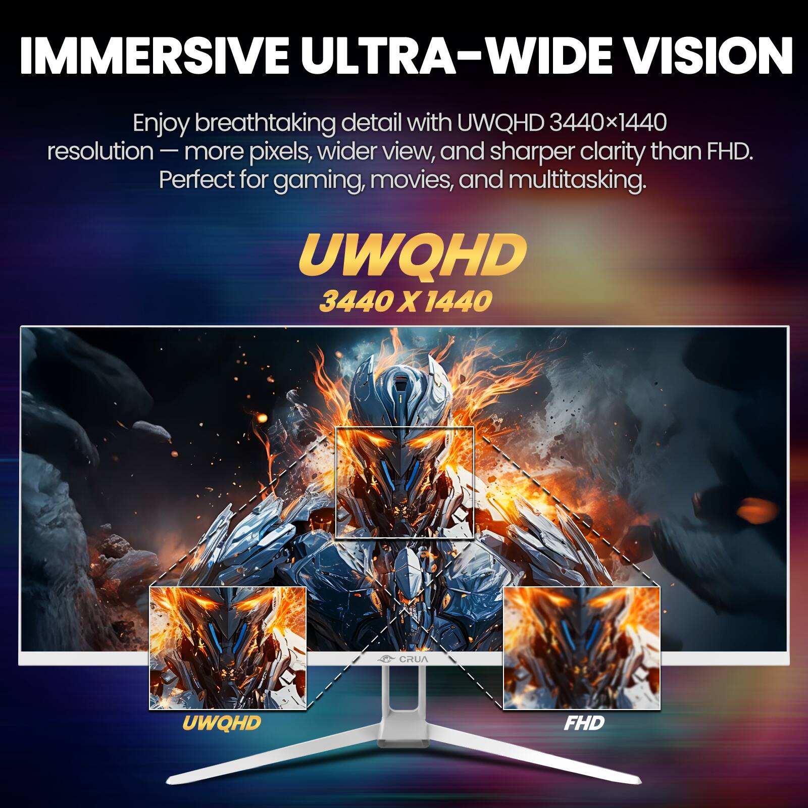 IMMERSIVE ULTRA-WIDE VISION

Enjoy breathtaking detail with UWQHD 3440x1440 resolution - more pixels, wider view, and sharper clarity than FHD. Perfect for gaming, movies, and multitasking.

UWQHD
3440 X 1440

UWQHD
FHD