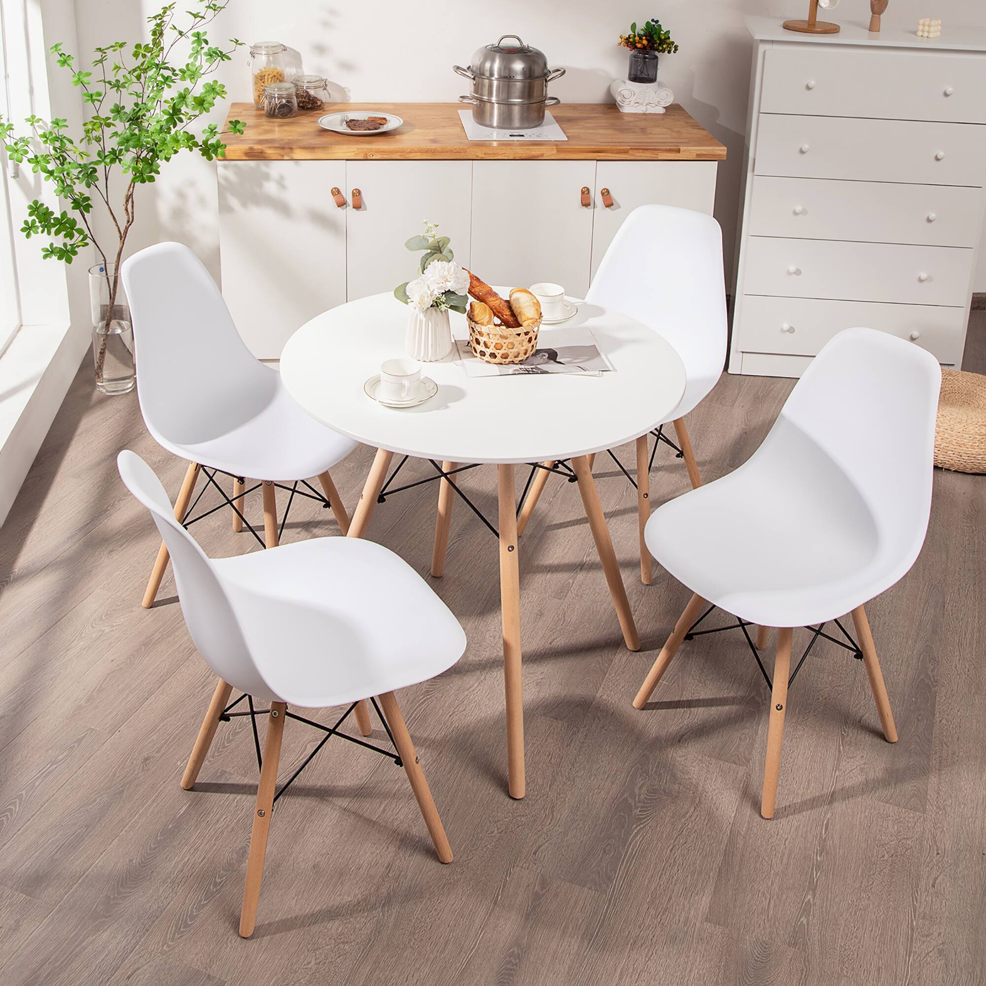 Left. Costway - Dining Table Set Modern 5 PCS For 4 Round Dining Room Table Set W/Solid Wood Leg - White.