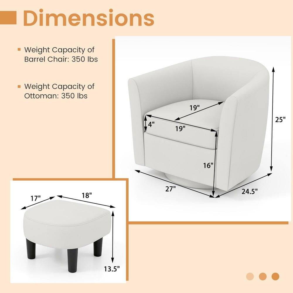 Dimensions  
- Weight Capacity of Barrel Chair: 350 lbs  
- Weight Capacity of Ottoman: 350 lbs  

Barrel Chair:  
- Height: 25"  
- Width: 27"  
- Depth: 24.5"  
- Seat Height: 16"  
- Seat Depth: 19"  
- Armrest Height: 19"  
- Armrest Width: 4"  

Ottoman:  
- Height: 13.5"  
- Diameter: 18"  
- Seat Height: 17"