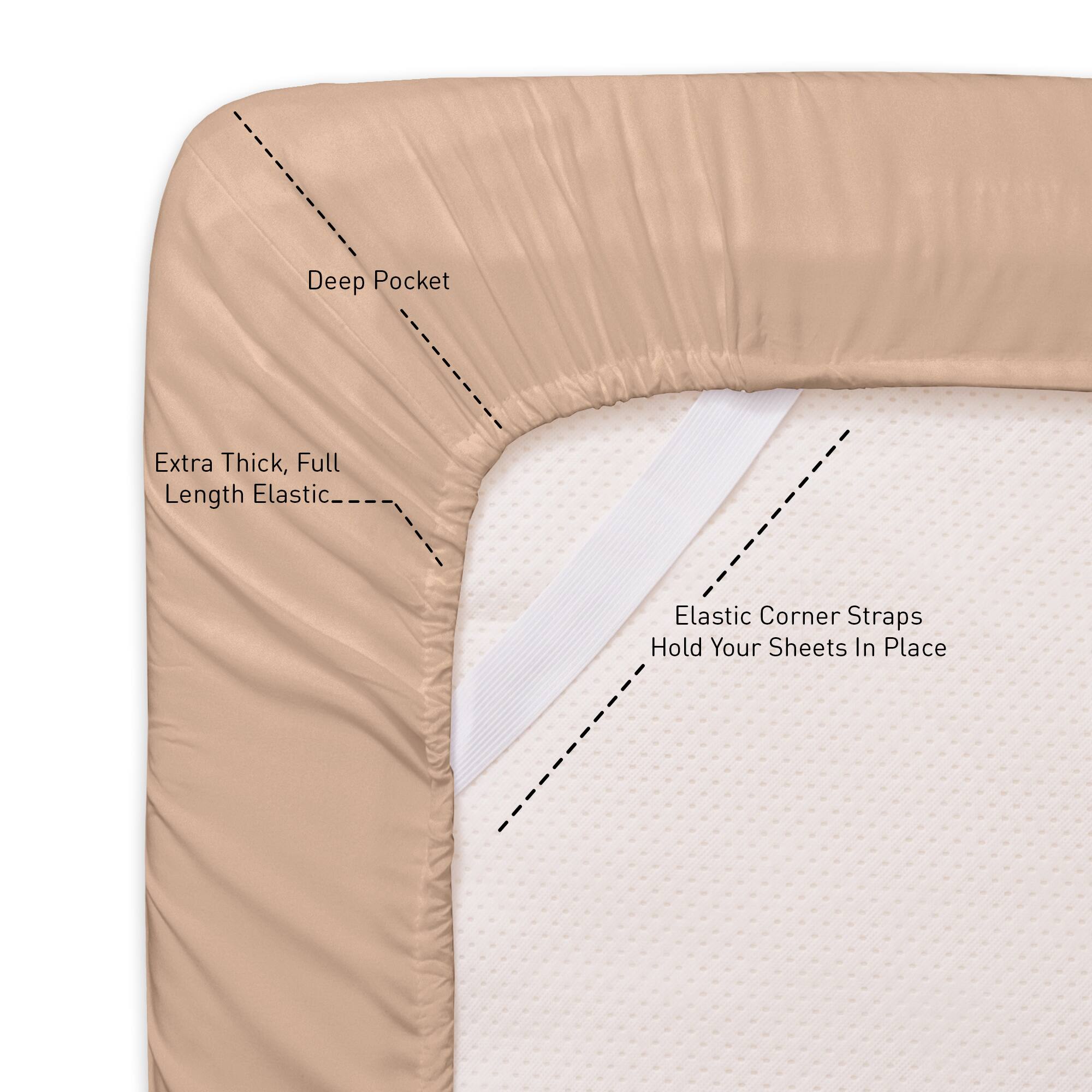 Deep Pocket  
Extra Thick, Full Length Elastic  
Elastic Corner Straps Hold Your Sheets In Place