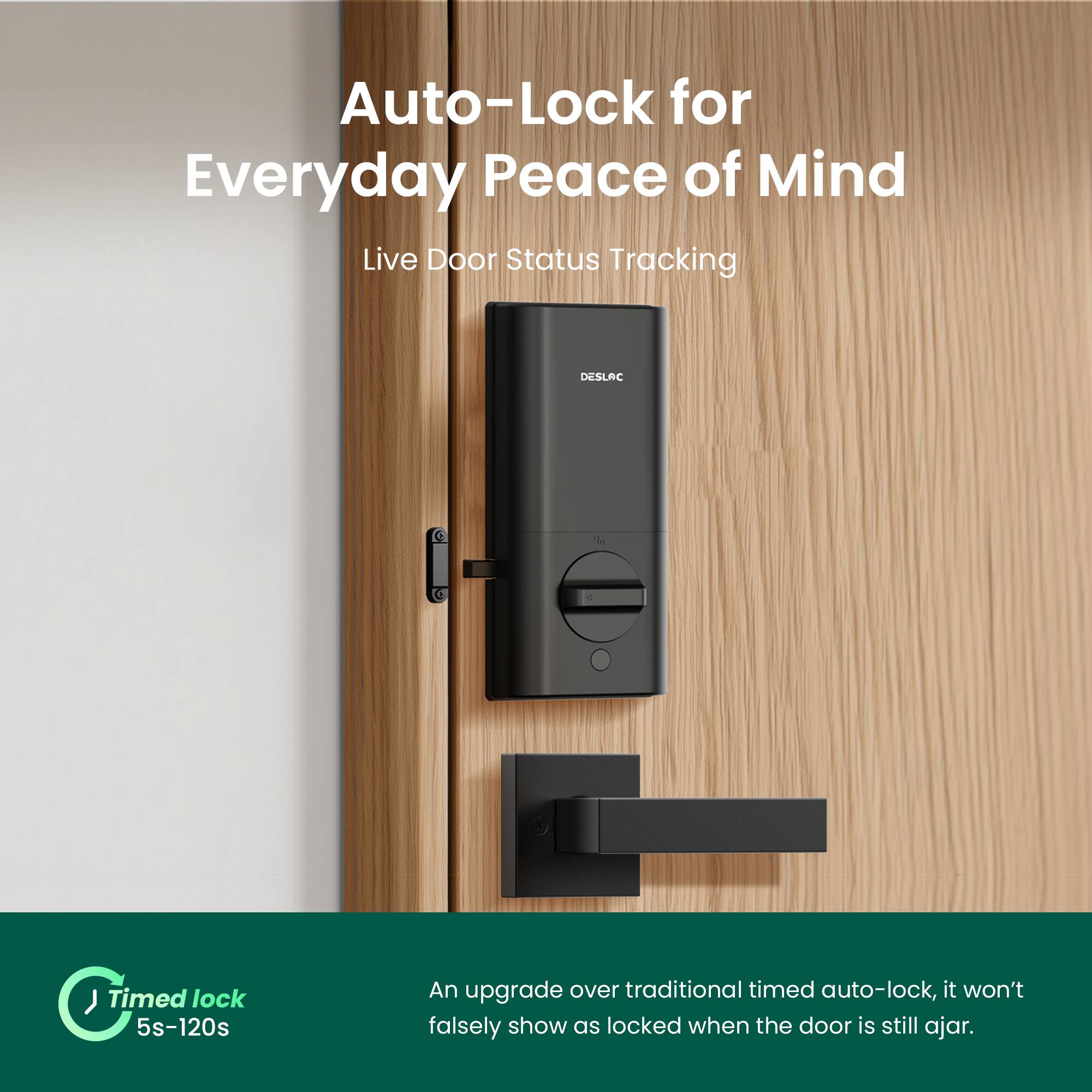 Auto-Lock for Everyday Peace of Mind  
Live Door Status Tracking  

DESLAC  

Timed lock 5s-120s  
An upgrade over traditional timed auto-lock, it won't falsely show as locked when the door is still ajar.