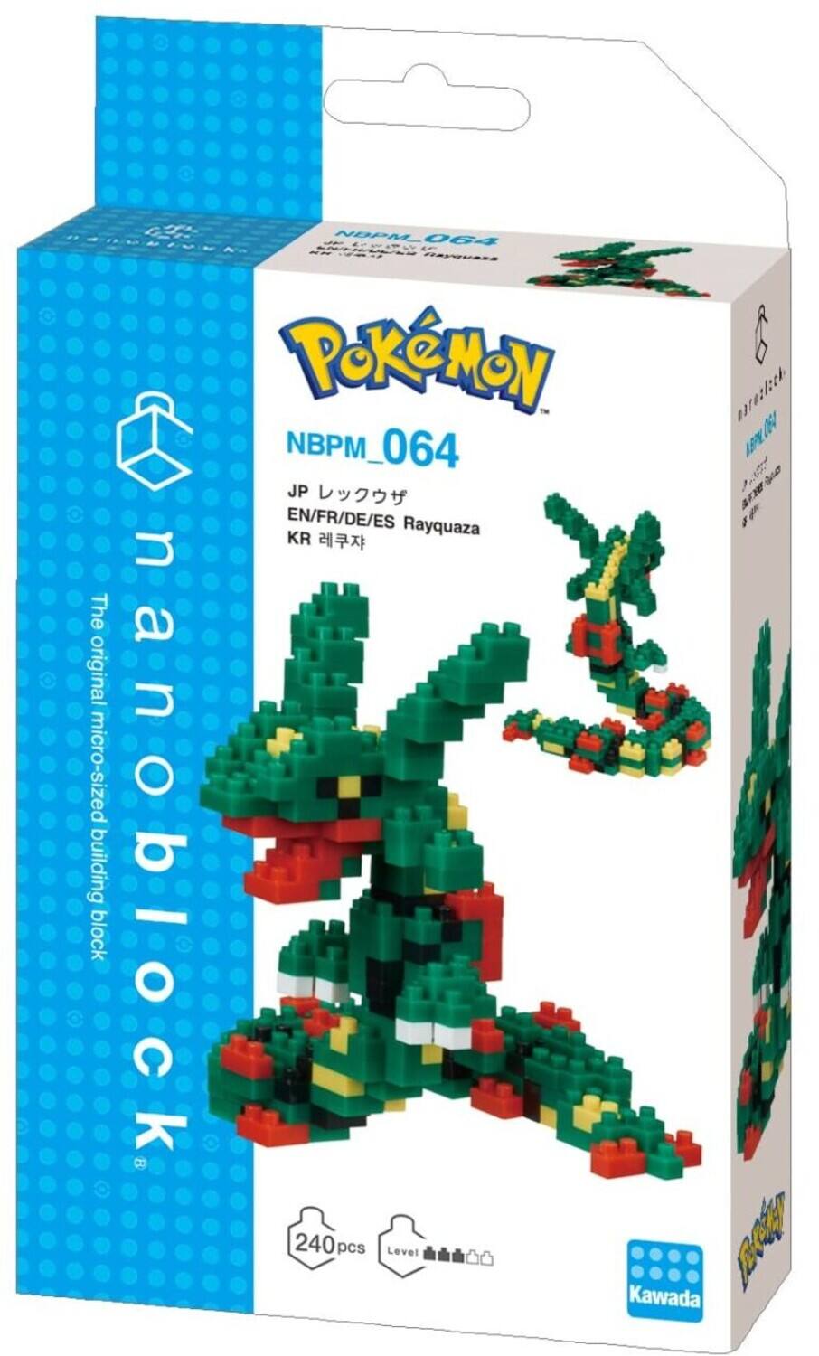 Sure, here is the corrected and grouped text from the image:

---

**Front of the Box:**

- Pokémon
- NBPM_064
- Rayquaza
- JP レックウザ
- EN/FR/DE/ES Rayquaza
- KR 레쿠자
- The original micro-sized building block
- nanoblock
- 240 pcs
- Level 1
- Kawada

**Left Side of the Box:**

- The original micro-sized building block
- nanoblock

**Top of the Box:**

- NBPM_064

**Bottom Right of the Box:**

- Kawada

---