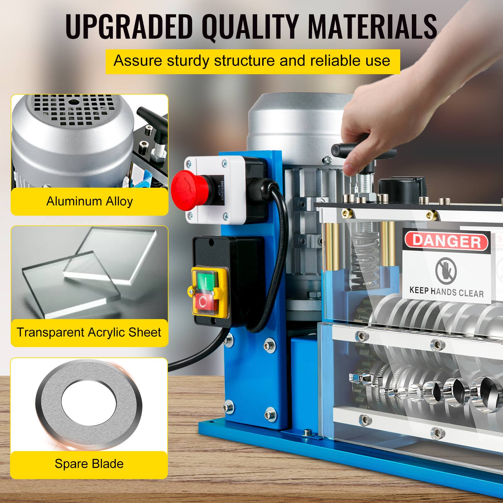 UPGRADED QUALITY MATERIALS  
Assure sturdy structure and reliable use

- Aluminum Alloy
- Transparent Acrylic Sheet
- Spare Blade

DANGER  
KEEP HANDS CLEAR