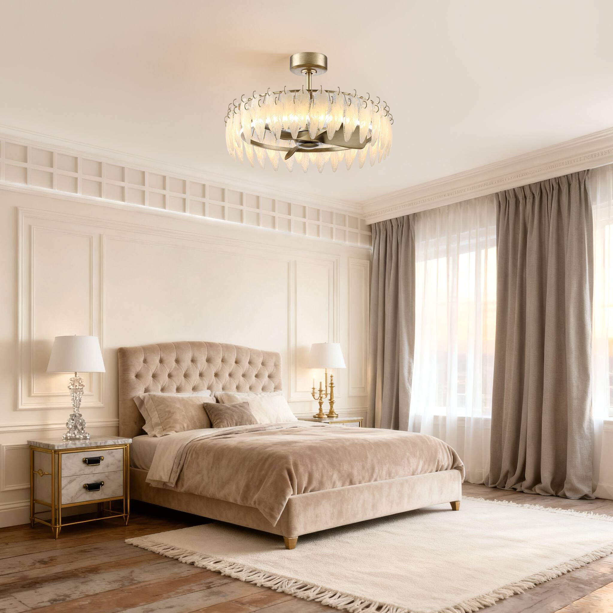 Angle. Parrot Uncle - 32" French Elegant Antique silver Glass Feather LED Fandelier Ceiling Fan with Remote - Antique Silver.