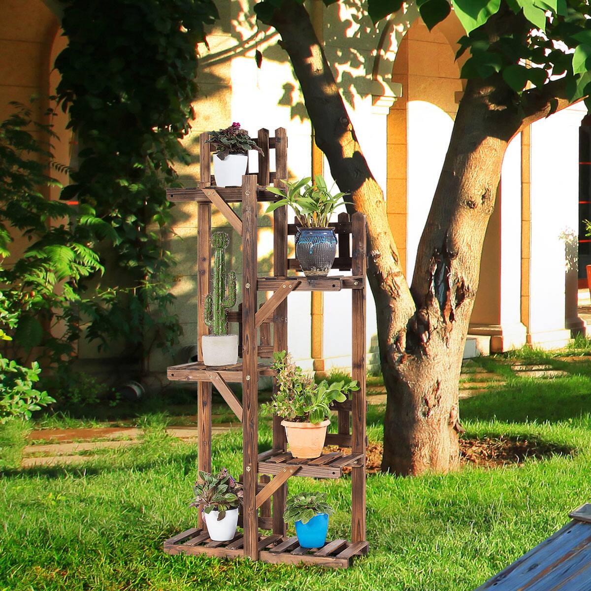 Alt View 10. Costway - 5-Tier Flower Rack Wood Plant Stand 6 Pots Display Shelf Multifunctional Rack - carbon baking.