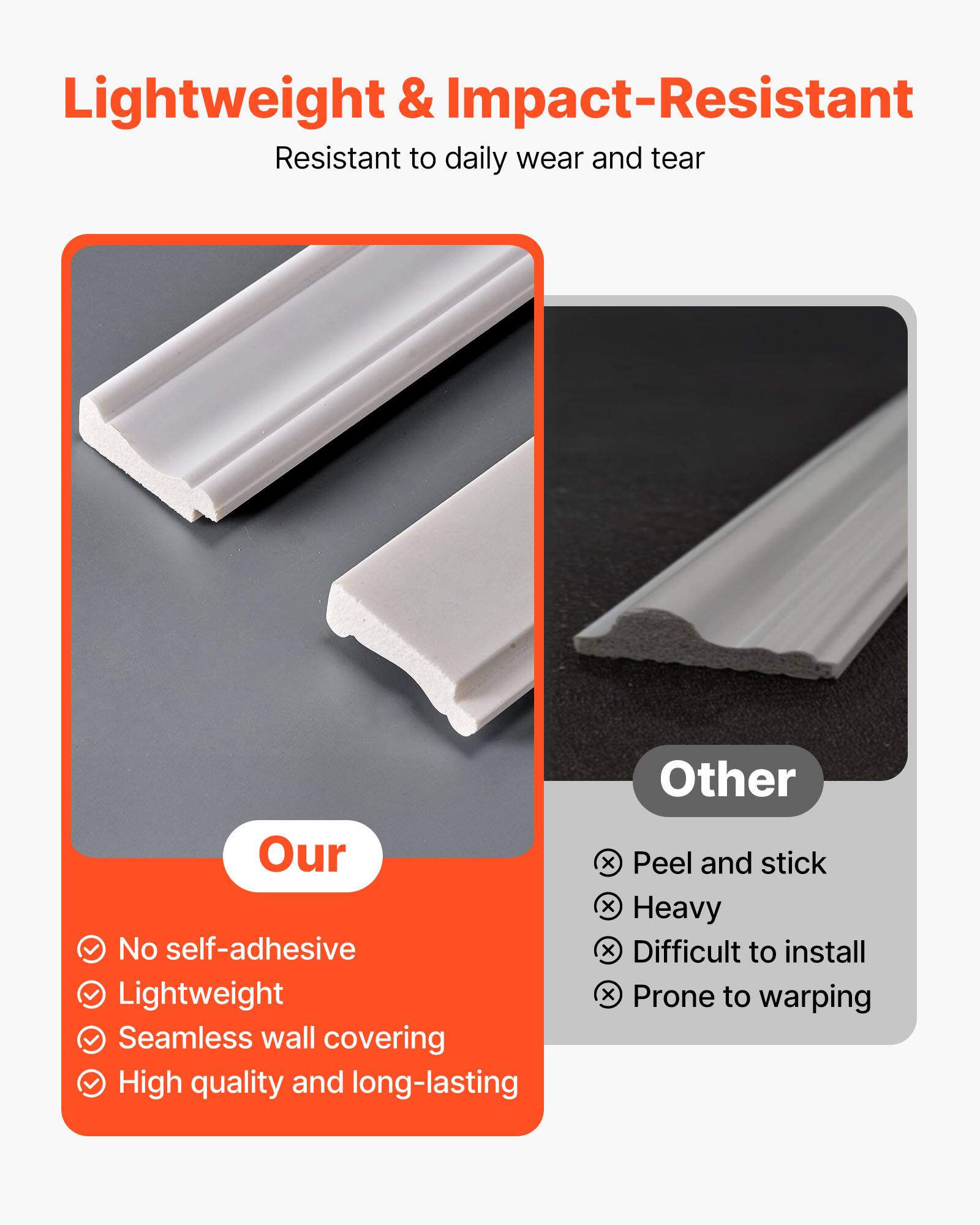 Lightweight & Impact-Resistant  
Resistant to daily wear and tear  

Our  
- No self-adhesive  
- Lightweight  
- Seamless wall covering  
- High quality and long-lasting  

Other  
- Peel and stick  
- Heavy  
- Difficult to install  
- Prone to warping