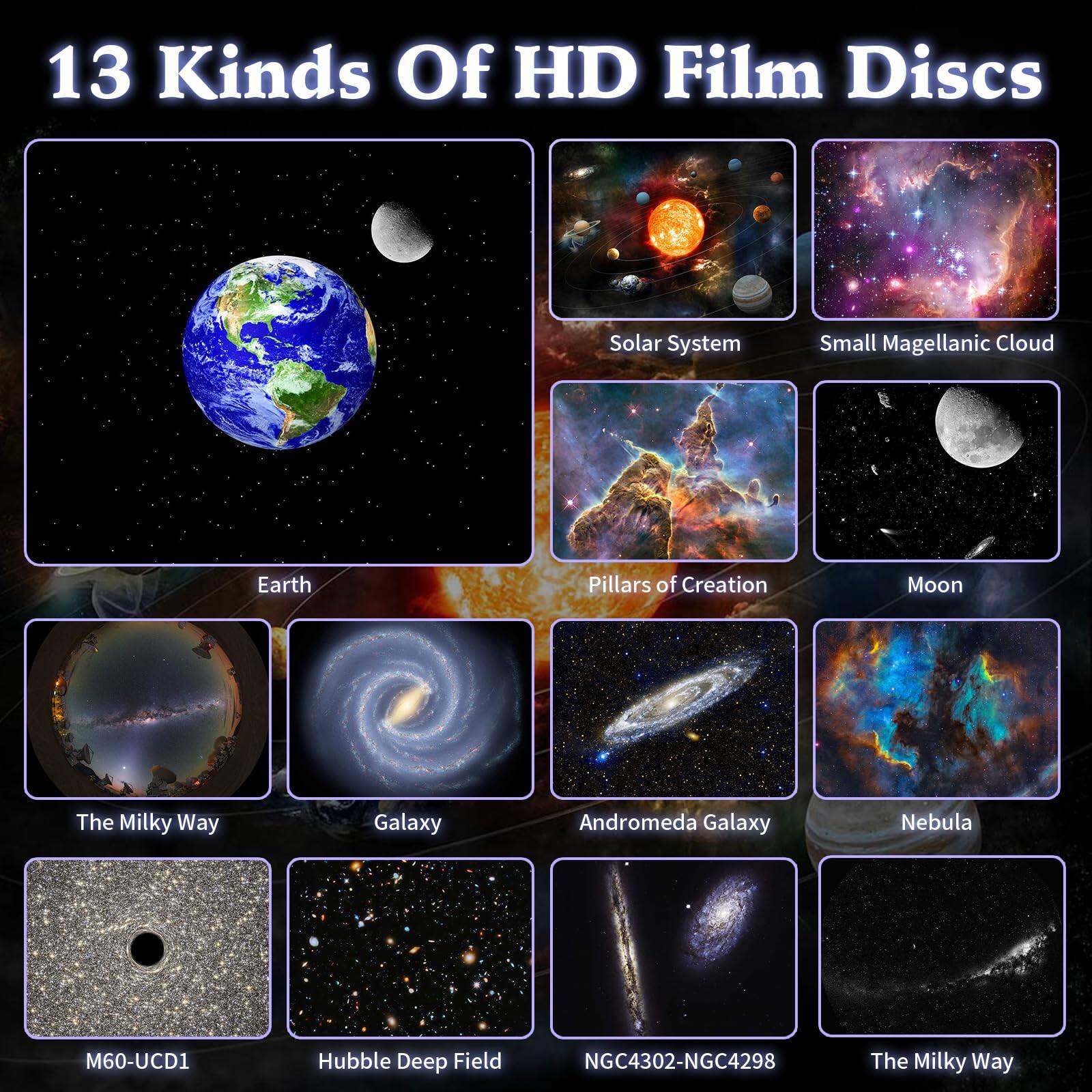 13 Kinds Of HD Film Discs

- Solar System
- Small Magellanic Cloud
- Earth
- Pillars of Creation
- Moon
- The Milky Way
- Galaxy
- Andromeda Galaxy
- Nebula
- M60-UCD1
- Hubble Deep Field
- NGC4302-NGC4298
- The Milky Way