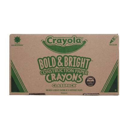 MADE WITH SOLAR POWER
Crayola
BOLD & BRIGHT CONSTRUCTION PAPER CRAYONS
CLASSPACK
400 BOLD & BRIGHT CRAYONS IN 16 DIFFERENT COLORS
Non-toxic
REGULAR
WORKS ON LIGHT & DARK PAPER