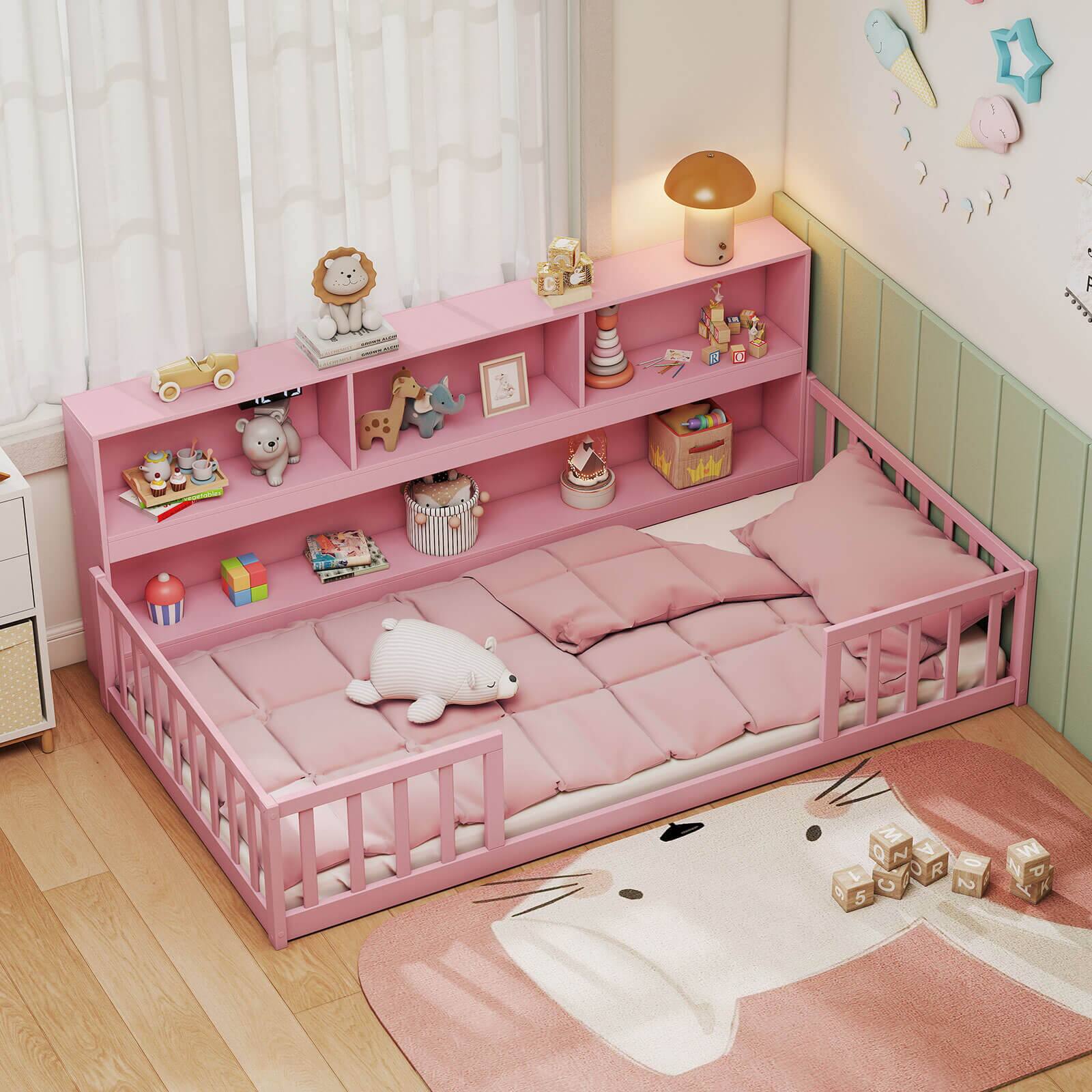 Alt View 5. Costway - Costway Twin Size Montessori Floor Bed with Bookcase Storage Shelves & Safety Fence Rails - Pink.