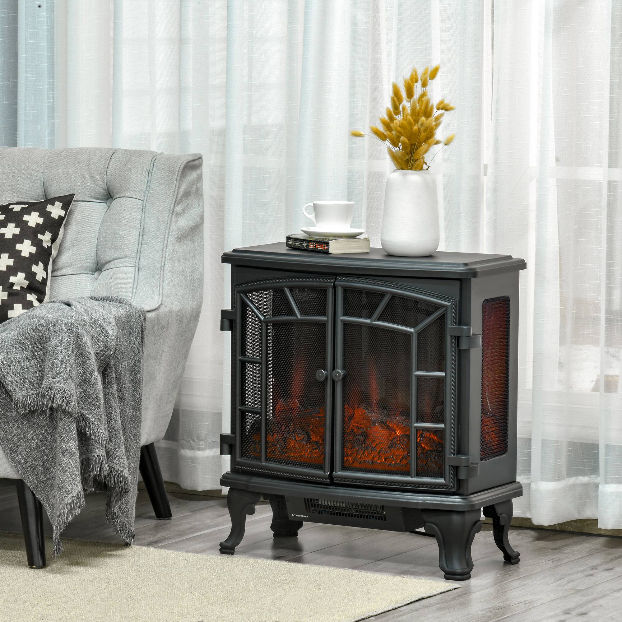 Angle. Homcom - 27" Electric Fireplace Heater, Fireplace Stove with Realistic LED Flames and Logs, Remote Control.