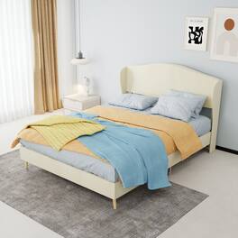 Loheer - Velvet Full Bed Frame Sturdy Upholstered Bed - Beige