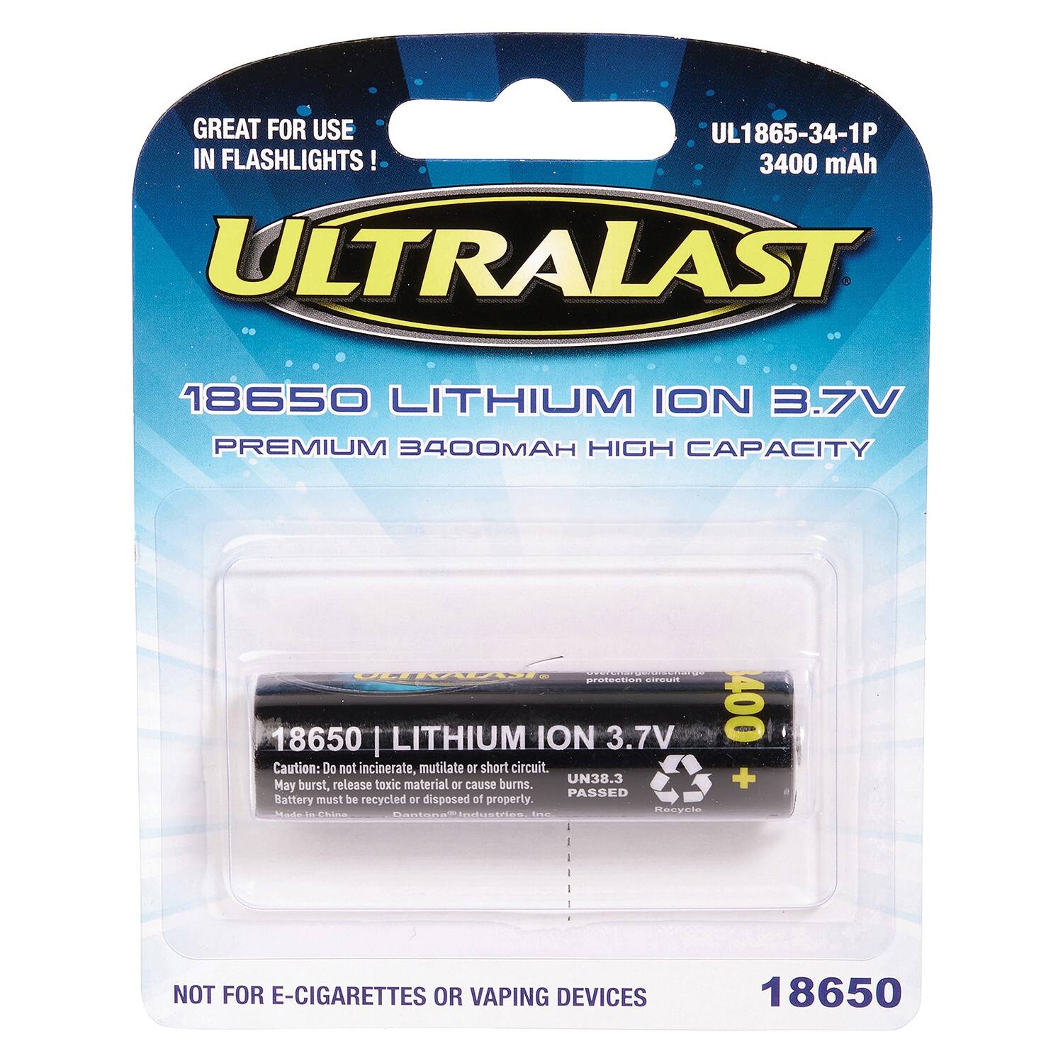 GREAT FOR USE IN FLASHLIGHTS!  
ULTRALAST 18650 LITHIUM ION 3.7V PREMIUM 3400mAh HIGH CAPACITY  
Caution: Do not incinerate, mutilate or short circuit. May burst, release toxic material or cause burns. Battery must be recycled or disposed of properly.  
NOT FOR E-CIGARETTES OR VAPING DEVICES  
UL1865-34-1P 3400 mAh  
18650