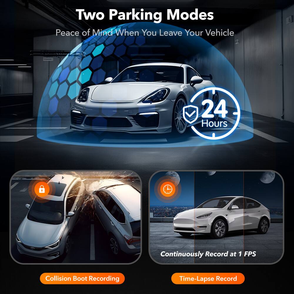 Two Parking Modes  
Peace of Mind When You Leave Your Vehicle  

24 Hours  

Collision Boot Recording  

Continuously Record at 1 FPS  

Time-Lapse Record