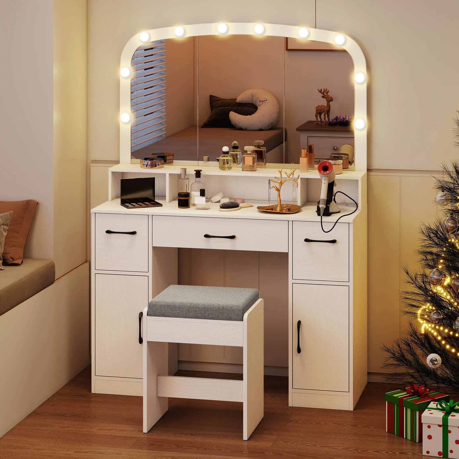 Alt View 5. Costway - Costway Vanity Desk Makeup Table with with Stool Large Mirror 3-Color Lights for Bedroom - White.