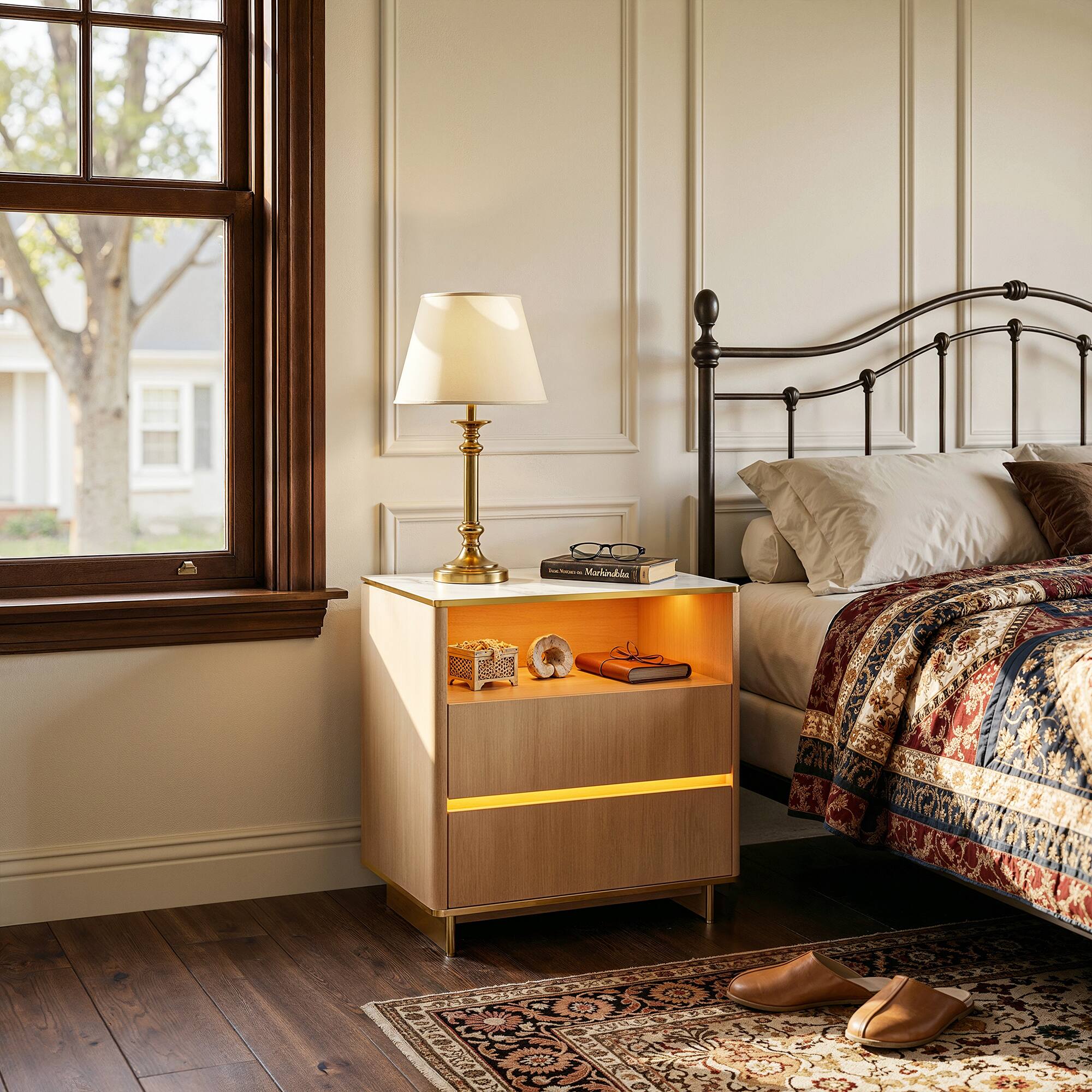 Alt View 2. Famapy - Modern Nightstand with LED Light & Charging Hub, Marble-Top Bedside Cabinet with Gold Legs & 2 Drawers Furniture - Wooden.