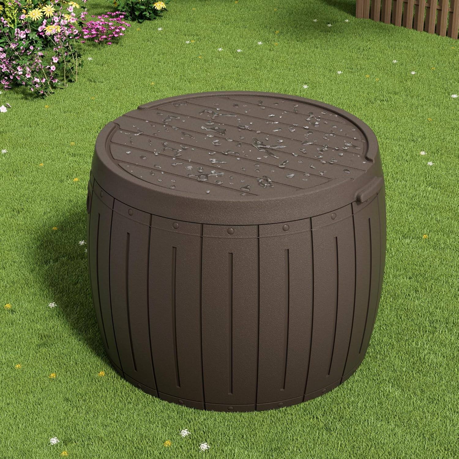 Alt View 2. Decksplore - 27 Gallon Deck Box Storage Box, Round Patio Table, Waterproof Outdoor Storage Box for Towels, Patio Furniture - Brown.