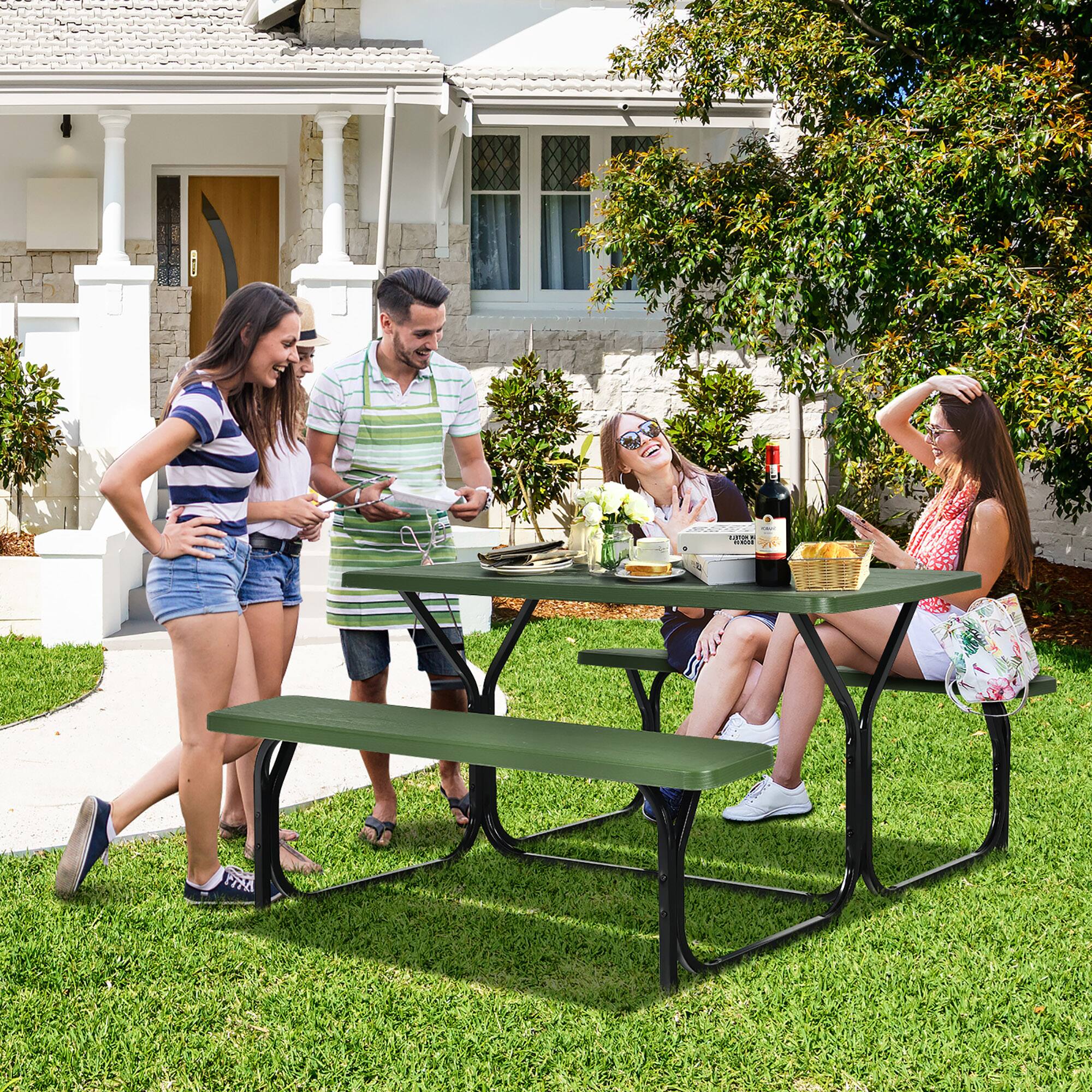 Gymax Picnic Table Camping Picnic Bench Set Backyard Garden Patio