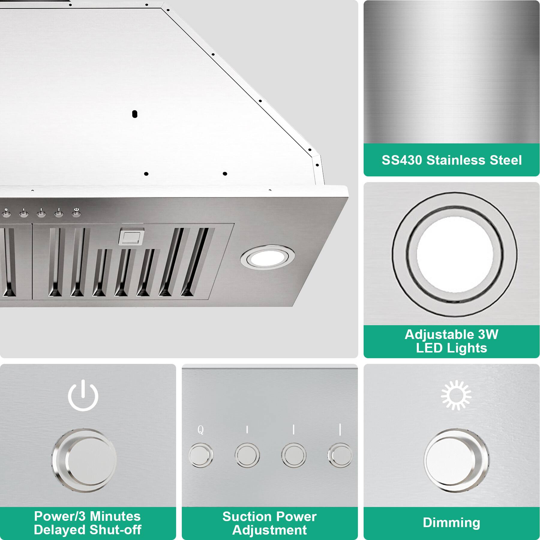 SS430 Stainless Steel - Adjustable 3W LED Lights | Power/3 Minutes Delayed Shut-off | Suction Power Adjustment | Dimming