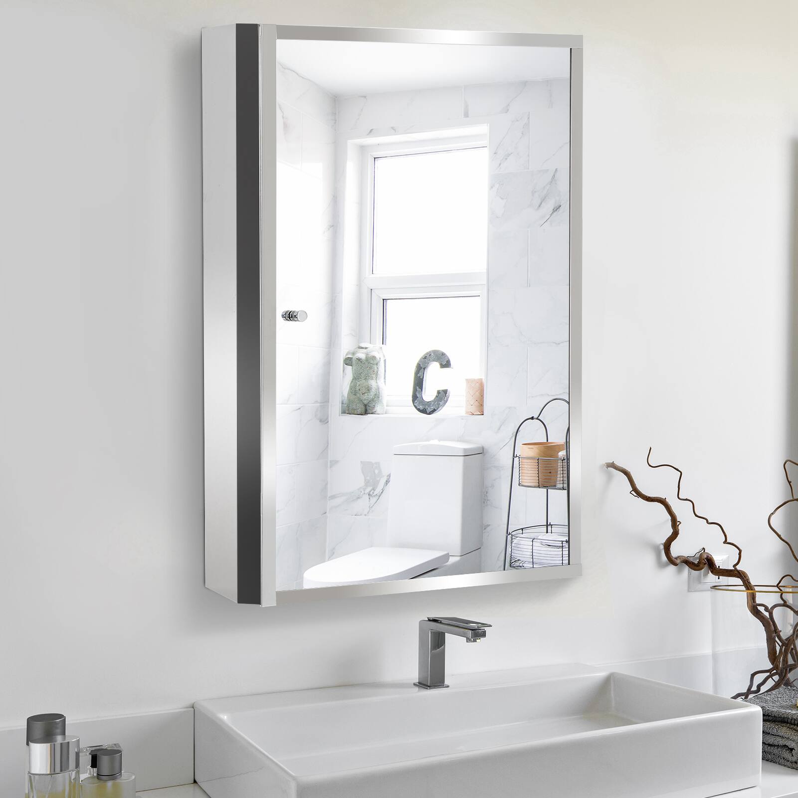 Alt View 8. Homcom - Bathroom Mirrored Cabinet, Vertical 16" x 24" Stainless Steel Frame Medicine Cabinet - Silver.