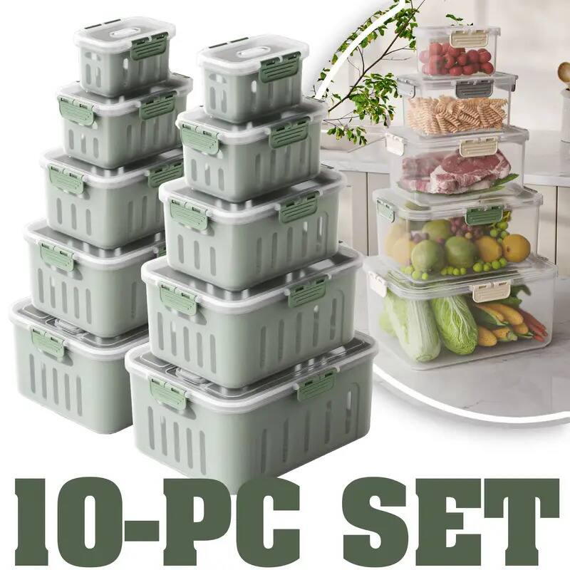 FC Design - 10PC Food Storage Box Set Airtight,Bpa-free, Stackable Container with Double Drain Basket with Air Holes - Green