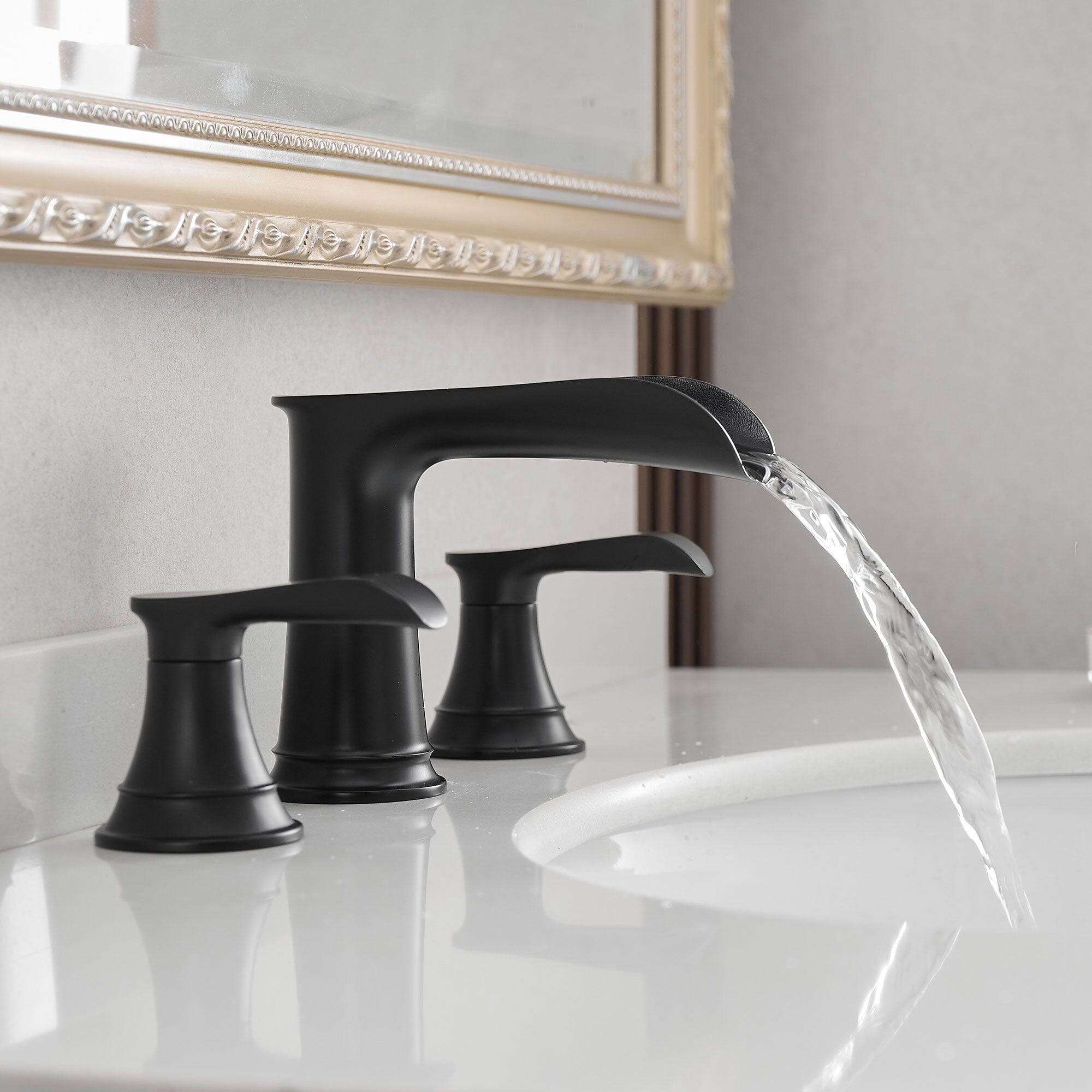 Back. Boyel Living - Waterfall 8 Inch Widespread Double Handle Brass Bathroom Faucet with Pop Up Drain and Water Supply Hoses in Matte Black - Matte Black.