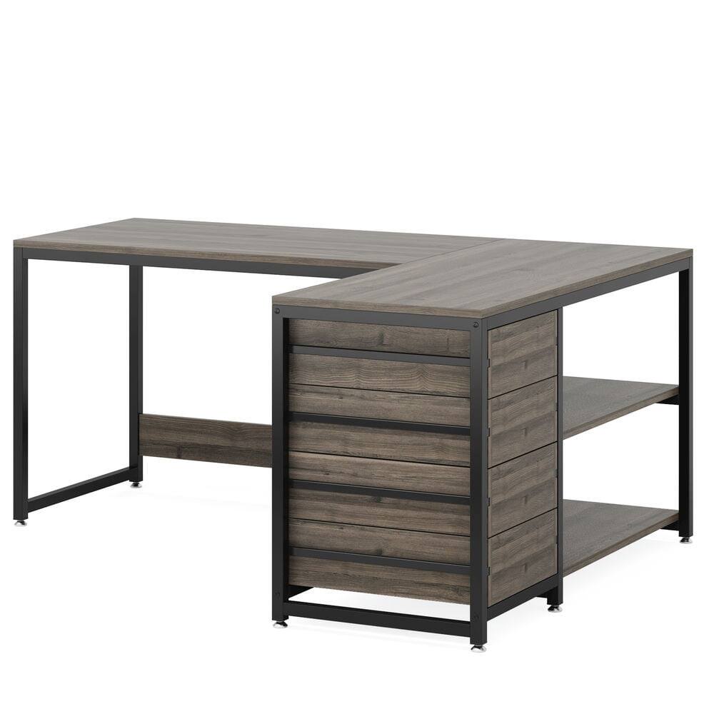 Left. Kadyn - Kadyn Study Writing Desk, Computer Desk,59" L-Shaped Desk, Reversible Corner Desk with Drawers & Shelves,Gray - Gray.