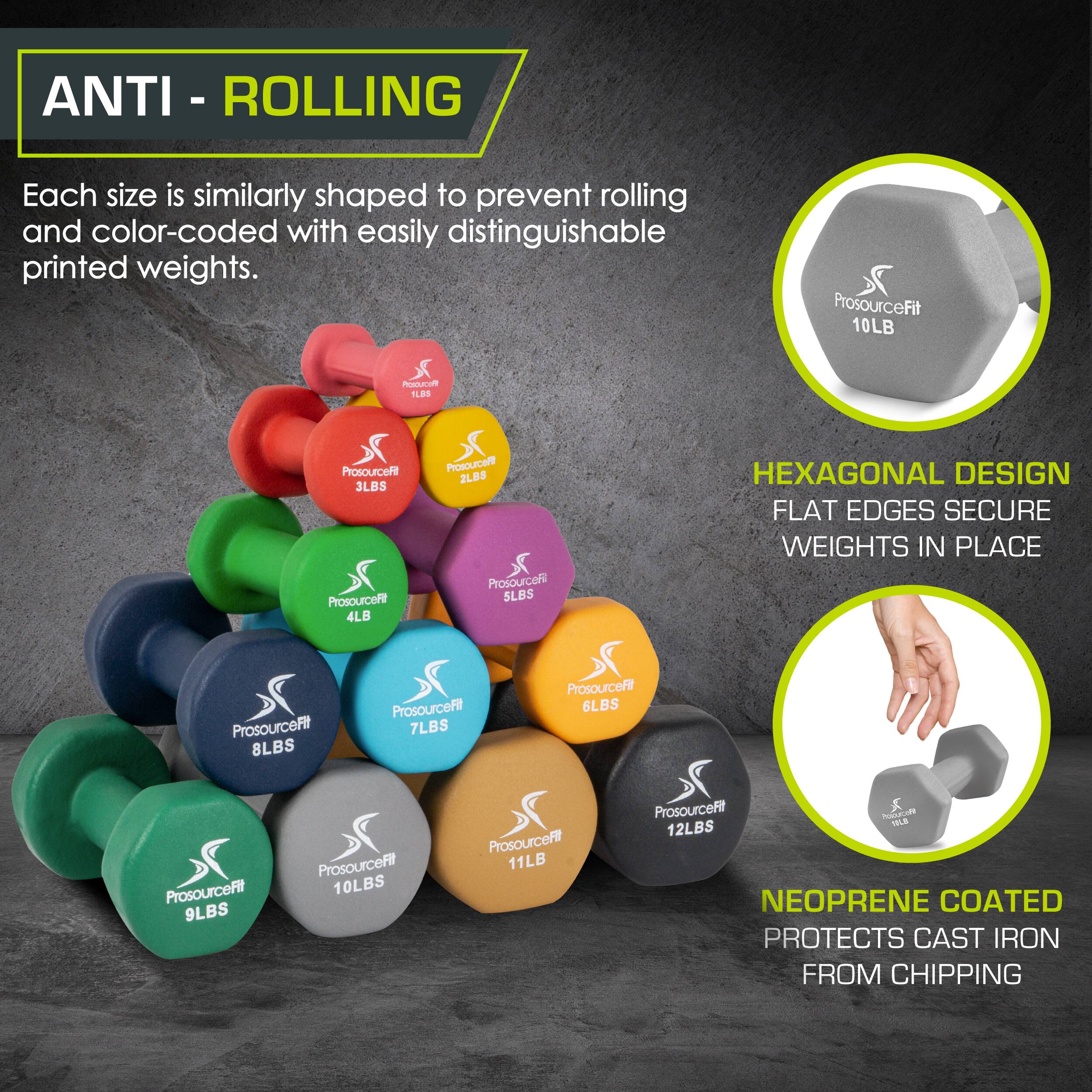 ANTI - ROLLING Each size is similarly shaped to prevent rolling and color-coded with easily distinguishable printed weights. + ProsourceFit 10LB  ProsourceFit 2LBS  ProsourceFit 3LBS  ProsourceFit 4LB  ProsourceFit 6LBS ProsourceFit 7LBS 8LBS HEXAGONAL DESIGN FLAT EDGES SECURE WEIGHTS IN PLACE ProsourceFit 9LBS  ProsourceFit 10LBS ProsourceFit 11LB ProsourceFit 12LBS NEOPRENE COATED PROTECTS CAST IRON FROM CHIPPING
